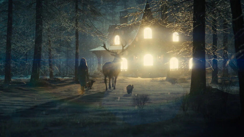 Enchanted Forest Cabin in Snowy Winter Desktop Wallpaper
