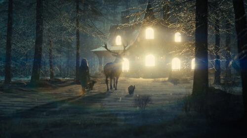 Enchanted Forest Cabin in Snowy Winter Desktop Wallpaper