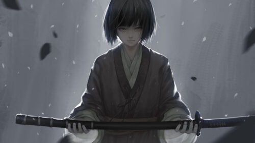 Anime Girl with Katana Dark Aesthetic Desktop Wallpaper