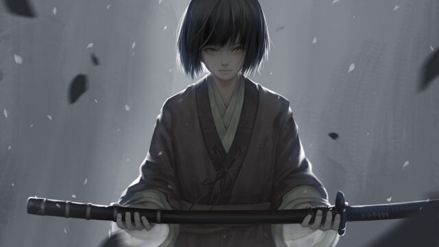 Anime Girl with Katana Dark Aesthetic Desktop Wallpaper