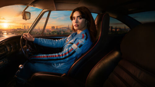Woman Driving Vintage Car at Sunset Desktop Wallpaper