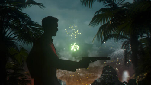 Agent 007 Silhouette with Fireworks Desktop Wallpaper