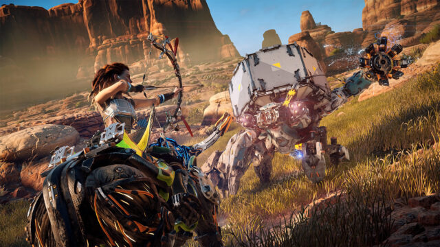 Aloy Combatting a Shell-Walker in Horizon Zero Dawn Desktop Wallpaper