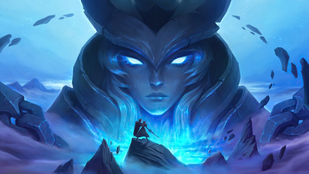 Mystical Warrior Facing a Colossal Frozen Goddess Desktop Wallpaper