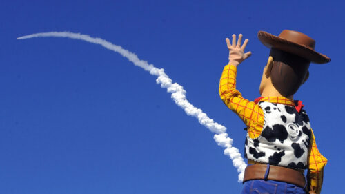 Sheriff Woody Waving at a Rocket Launch 4K Desktop Wallpaper