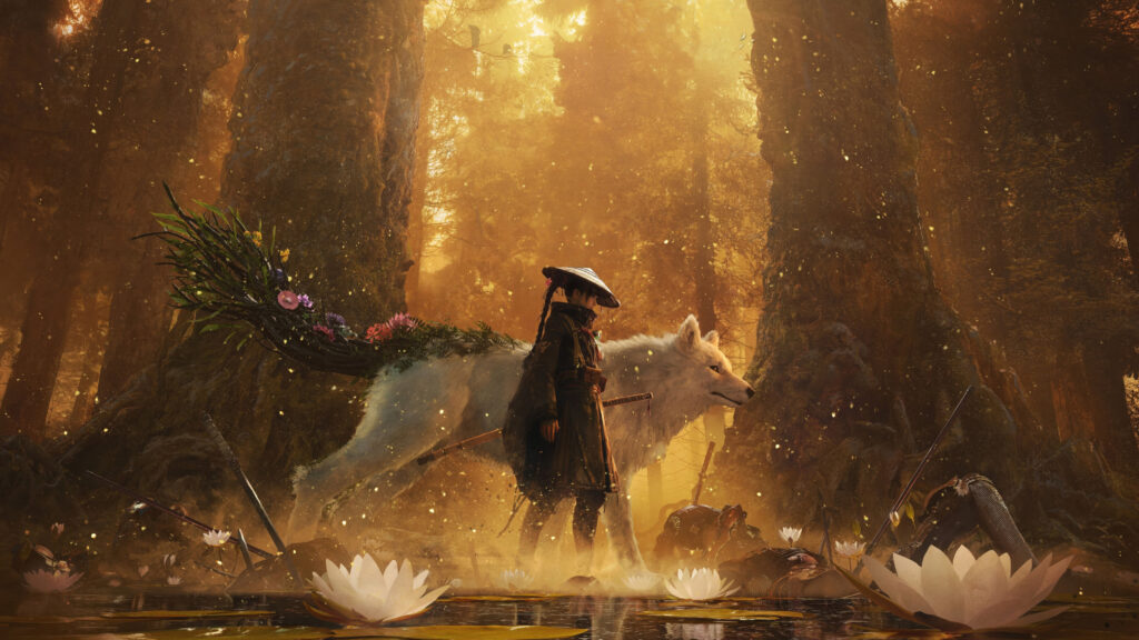 Samurai and Spirit Wolf in Golden Forest Desktop Wallpaper