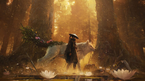 Samurai and Spirit Wolf in Golden Forest Desktop Wallpaper