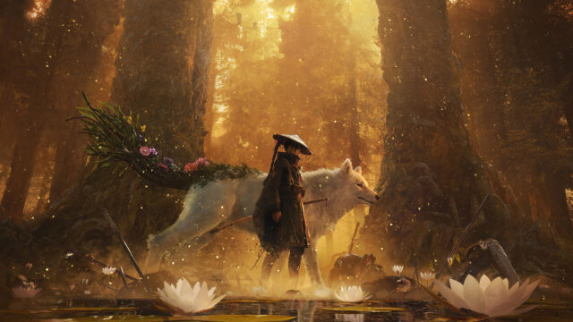 Samurai and Spirit Wolf in Golden Forest Desktop Wallpaper