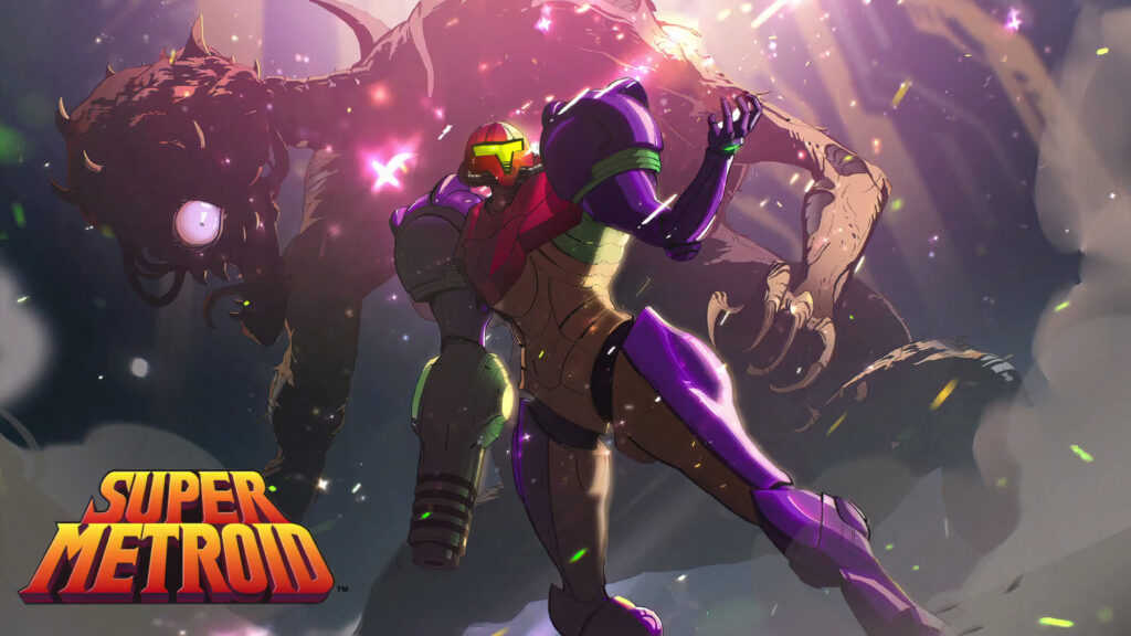 Samus Aran from Super Metroid Combat Scene Desktop Wallpaper