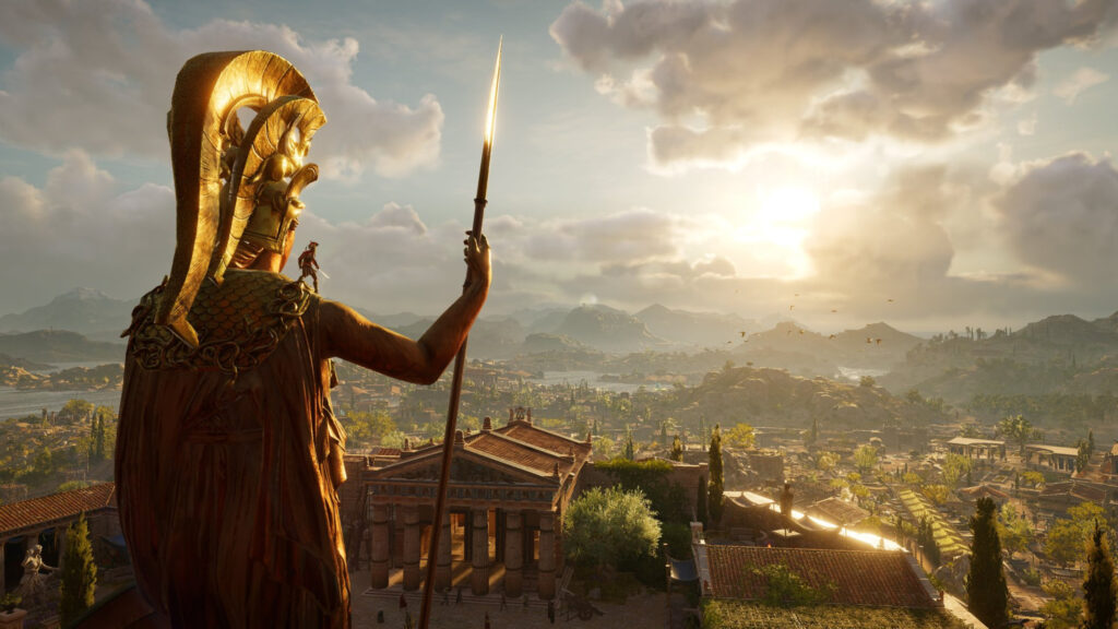 Assassin's Creed Odyssey Statue at Sunset Desktop Wallpaper