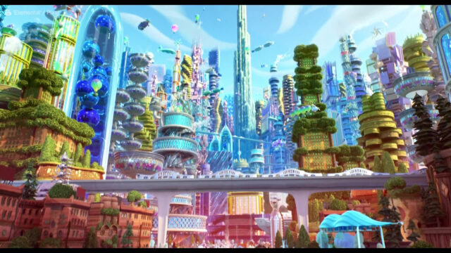 Vibrant Futuristic Cityscape from Elemental Movie Desktop Wallpaper