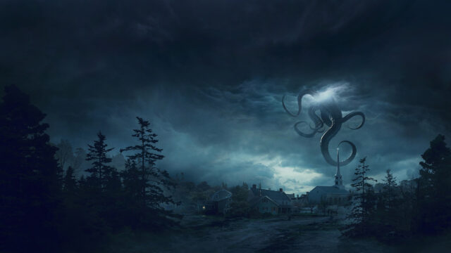 Eerie Tentacled Creature Hovering Over A Small Town Desktop Wallpaper