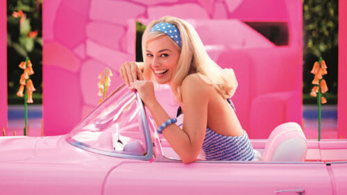 Margot Robbie Barbie Movie Pink Convertible 8K Desktop Wallpaper