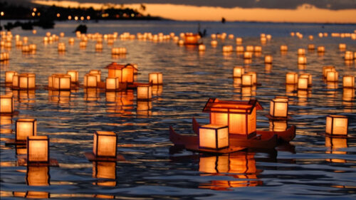 Floating Lantern Ceremony at Sunset Desktop Wallpaper