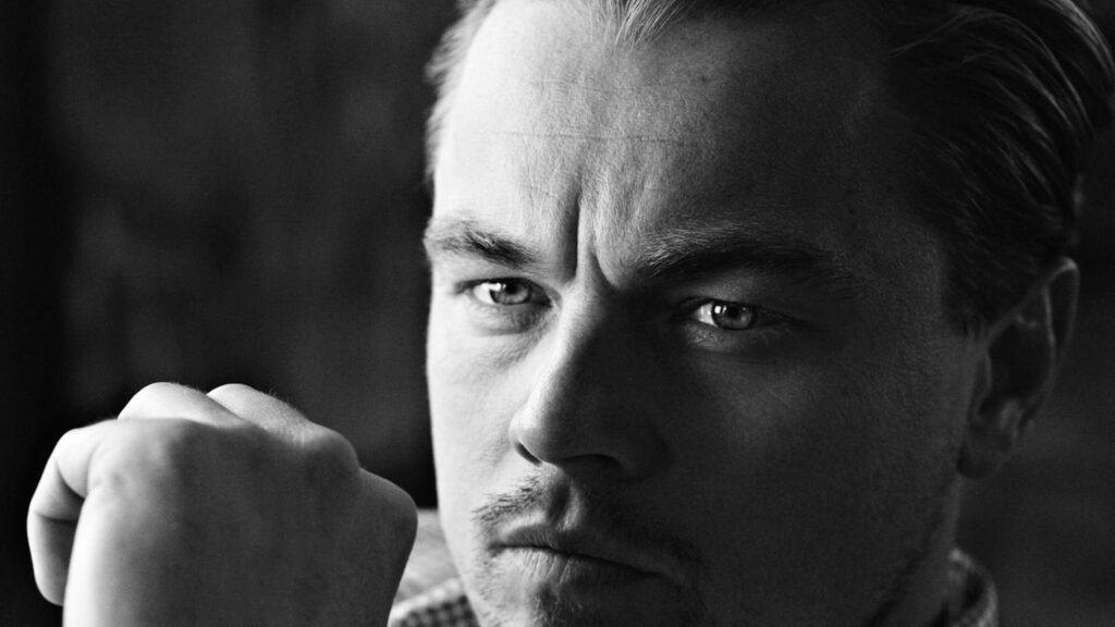 Black and White Close-Up Leonardo DiCaprio Desktop Wallpaper