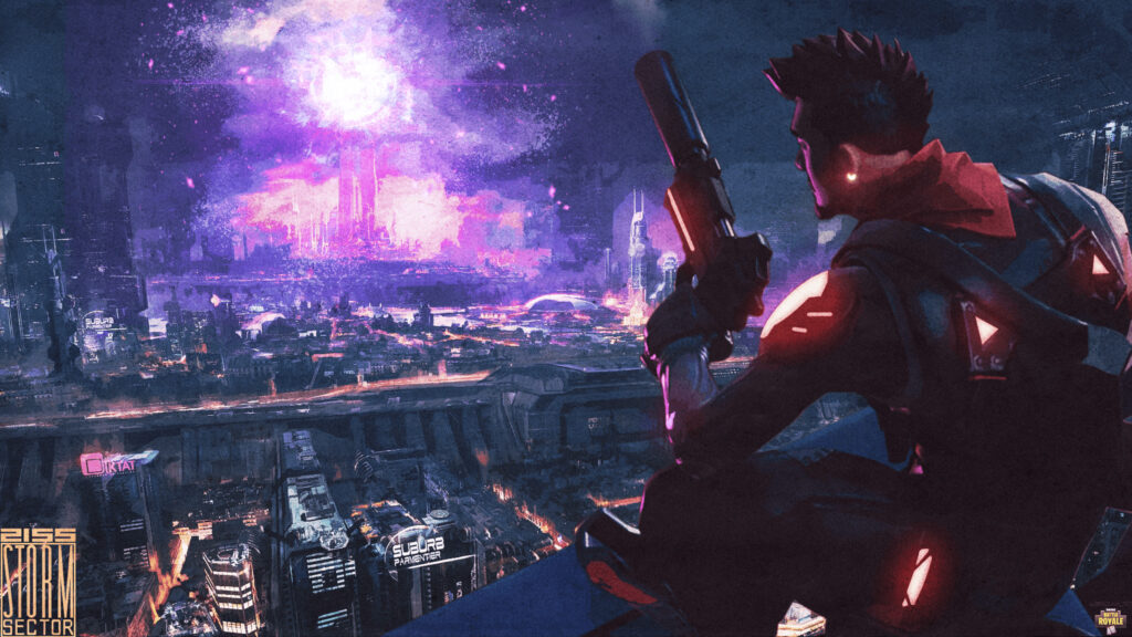 Cyberpunk Futuristic Cityscape with Vigilant Sniper Desktop Wallpaper