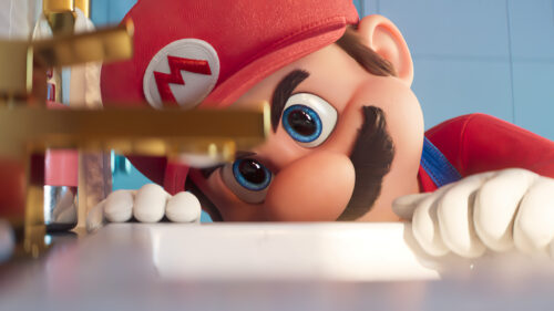 Close-up Mario Inspecting Bathroom Sink Desktop Wallpaper