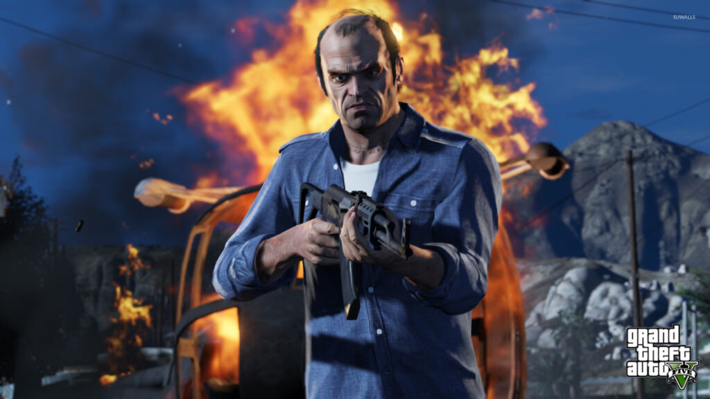 Trevor Philips Standing in Front of an Explosion Desktop Wallpaper