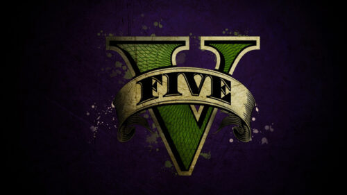 Green V Logo on Purple Grunge Surface Desktop Wallpaper