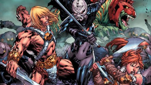He-Man and Battle Cat Fighting Skeletor Comic Art Desktop Wallpaper