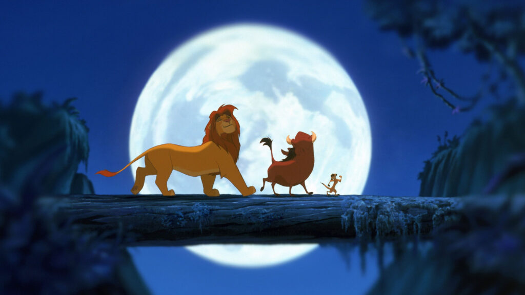 Simba Pumbaa and Timon Walking on a Log 4K Wallpaper