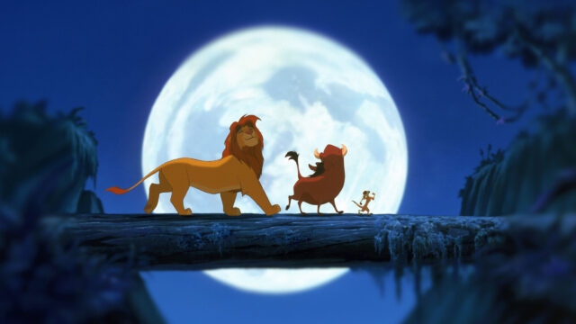 Simba Pumbaa and Timon Walking on a Log 4K Wallpaper