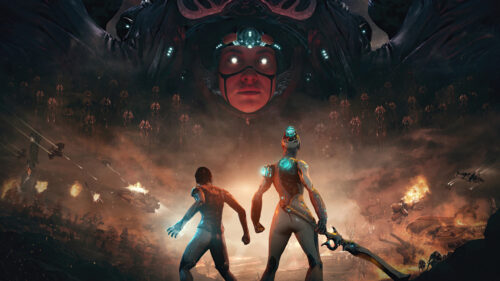 Epic Sci-Fi Battle Warframe Characters Desktop Wallpaper