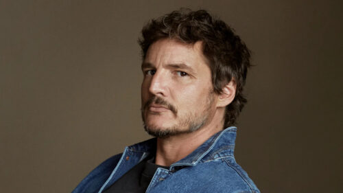 Portrait of Pedro Pascal in Denim Jacket Desktop Wallpaper
