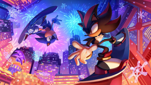 Sonic and Shadow Snowboarding Cityscape Desktop Wallpaper