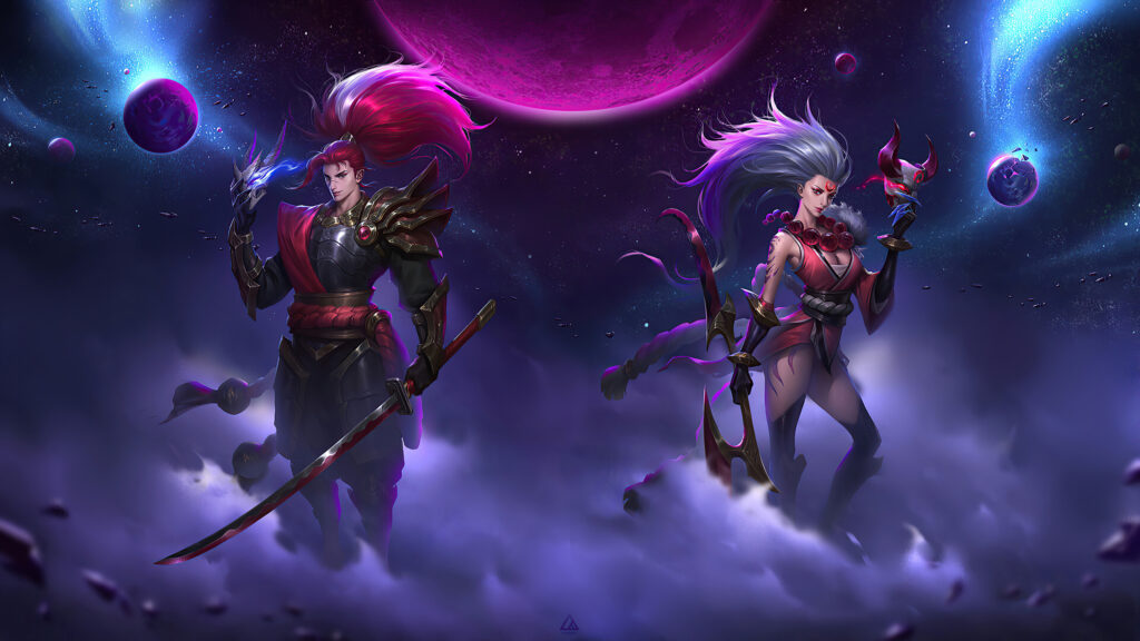 Fantasy Warriors with Red Highlights Cosmic Desktop Wallpaper