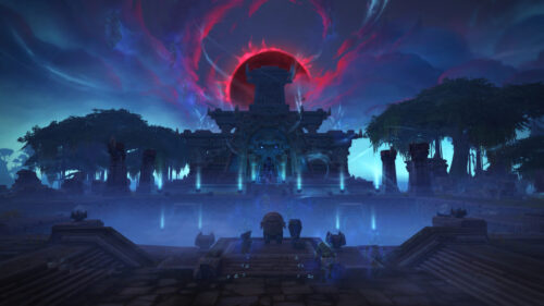 Mystical Ancient Temple Under a Dark Red Sun Desktop Wallpaper