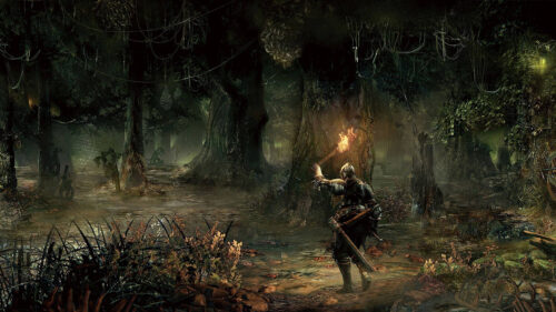 Dark Fantasy Knight in Swamp Forest Desktop Wallpaper