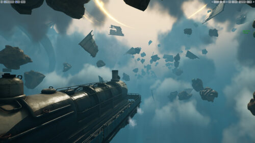 Surreal Flying Steam Train Among Floating Rocks Desktop Wallpaper