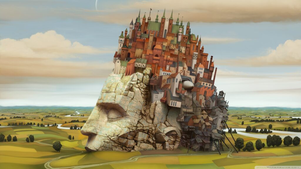 Surreal Stone Head City Landscape 4K Desktop Wallpaper