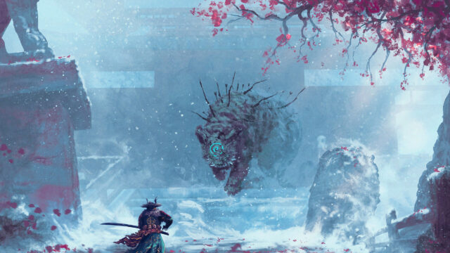 Samurai Facing a Snow Beast Desktop Wallpaper
