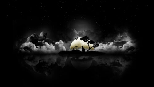 Silhouette of a Lone Wolf at a Graveyard Desktop Wallpaper
