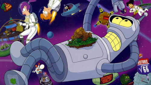 Bender and Planet Express Crew in Deep Space 4K Wallpaper
