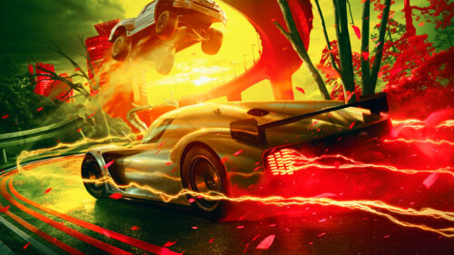 Toyota Sports Car Racing Through Vibrant Red and Gold Desktop Wallpaper
