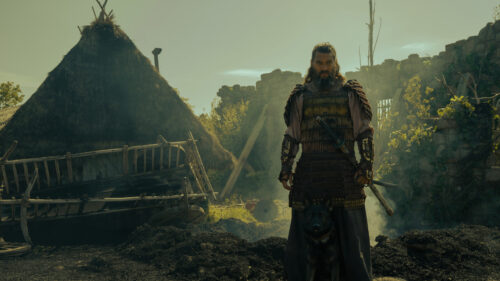 Warrior and Dog Standing in Ruined Village PC Wallpaper