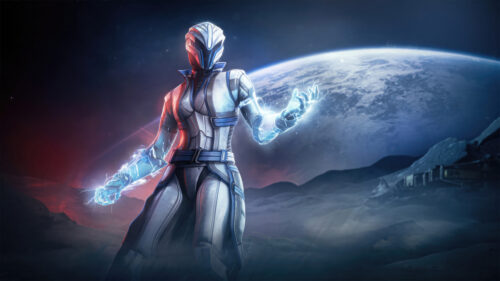 Futuristic Space Warrior Electric Armor Desktop Wallpaper