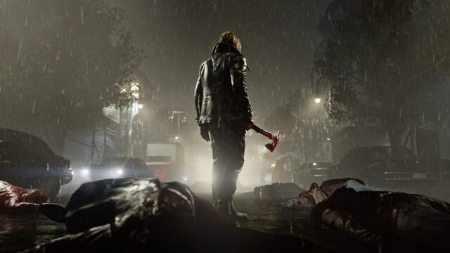 Dark Rainy Night Scene with Man Holding Ax Desktop Wallpaper