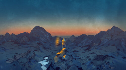 Adventurer Standing on Mountain Peak Desktop Wallpaper