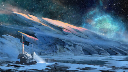 Astronauts Exploring an Icy Alien Planet Desktop Wallpaper
