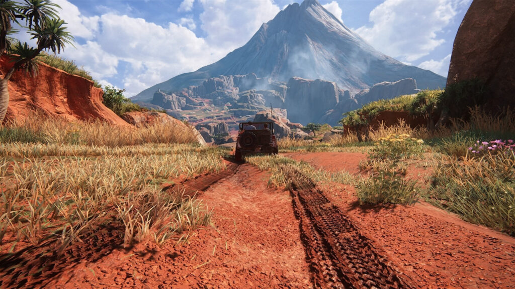 Uncharted 4 Jeep Driving Through Red Terrain Desktop Wallpaper