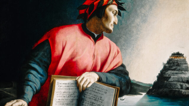 Dante Alighieri Portrait with Purgatorio Mount 4K Desktop Wallpaper