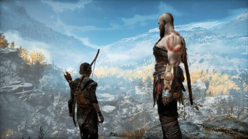 Kratos and Atreus Overlooking the Frozen Wilds 4K Wallpaper