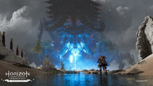 Aloy Facing the Horus Titan Horizon Forbidden West Desktop Wallpaper