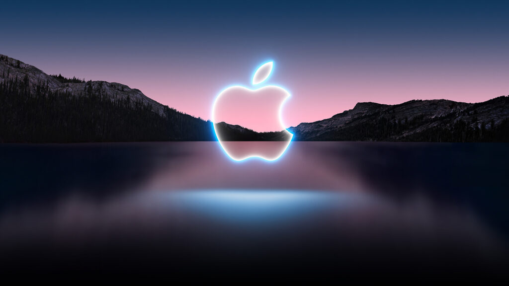 Neon Glowing Apple Logo Over Mountain Lake Desktop Wallpaper