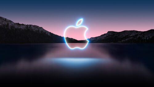 Neon Glowing Apple Logo Over Mountain Lake Desktop Wallpaper
