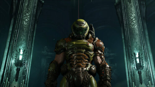 The Doom Slayer Standing in a Dark Corridor 4K Wallpaper